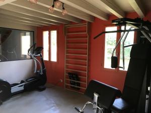 a room with a gym with red walls at Spa et détente au cœur de la forêt des Landes - 3 étoiles in Luglon