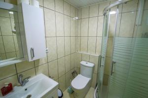 La salle de bains est pourvue de toilettes, d'une douche et d'un lavabo. dans l'établissement Amasra Kerem Apart, à Amasra