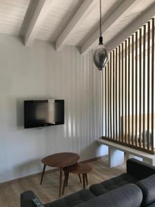 a living room with a couch and a tv on a wall at LA CASINA DEL OLIVO in Ribadesella