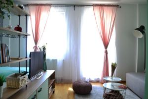 a living room with pink curtains and a television at Mateja Apartment in Novi Sad