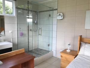 ein Badezimmer mit einer Dusche mit einer Glasdusche an der Hintertür in der Unterkunft Room with a view in Waipu