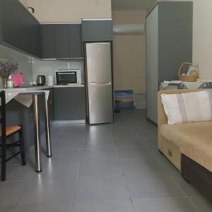 a kitchen with a refrigerator and a table in it at studio room in Koropi