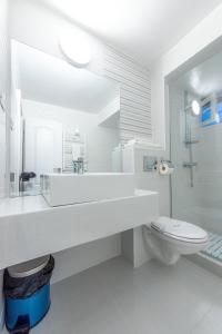 La salle de bains blanche est pourvue d'un lavabo et de toilettes. dans l'établissement Casa Budulan, à Drobeta-Turnu Severin