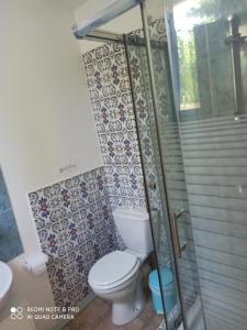 La salle de bains est pourvue d'une douche et de toilettes. dans l'établissement mas des pins, à Saint-Cyprien