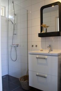 a bathroom with a sink and a shower at Banjaard Beachhouse Patrijzenlaan 16 in Kamperland