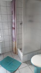 a bathroom with a shower with a blue mat on the floor at Ferienwohnung Mehlberg in Großlöbichau