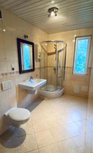 a bathroom with a shower and a toilet and a sink at Dom murowany Siedlisko in Sarbinowo +21 photos