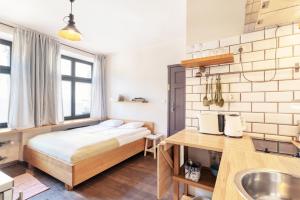 a small room with a bed and a sink at Apartament Gdański Gród in Gdańsk
