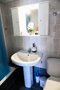 Un baño con lavabo, inodoro y espejo. en Papi's Free Parking Apartments 2 - Studio, en Alexandroupoli