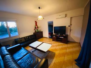 a living room with a couch and a tv at Appartement La Perle Noire in Agde