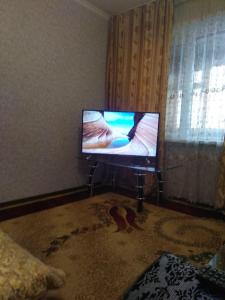 TV en la sala de estar con un perro tirado en el suelo en Квартира 2-ух комнатная в центре города, en Ferganá