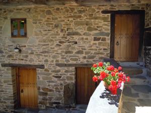 un jarrón de flores rojas en una mesa frente a un edificio en Casa da Sapeira en Santa Eulalia de Oscos