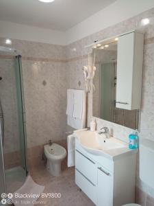 a bathroom with a sink and a toilet and a shower at Apartments Vodarić Loznati in Cres