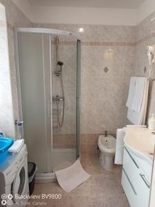 a bathroom with a shower and a toilet and a sink at Apartments Vodarić Loznati in Cres