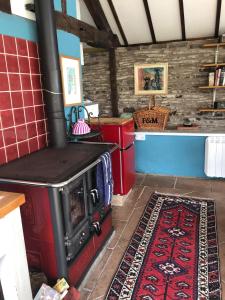 a stove in a room with a rug on the floor at Llethrau Forest & Nature Retreats in Knighton