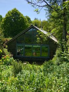 ナイトンにあるLlethrau Forest & Nature Retreatsの大きなガラス窓のある小さな家