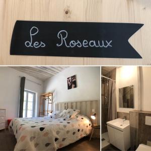 a bedroom with a bed and a sign that says dererovux at la Roseraie in Chooz