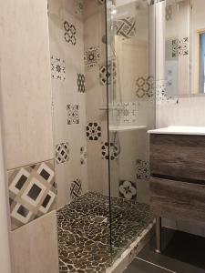 ein Badezimmer mit einer Dusche mit Glas in der Unterkunft Chez Papy - Grand Appart Entirely renovated Ventelon La Grave La Meije in La Grave