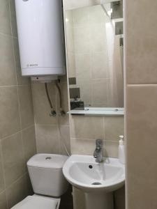 a bathroom with a toilet and a sink and a mirror at Уютная квартира метро Защитников Украины in Kharkiv