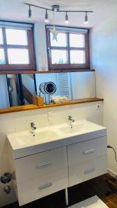 a bathroom with a white sink and a mirror at Ferienwohnung am Golfplatz in Scheidegg