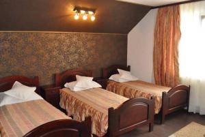 um quarto de hotel com duas camas e uma janela em Pensiunea Filonul de Aur em Aktenburg