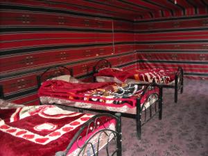 2 łóżka w pokoju z czerwonymi ścianami w obiekcie Bedouin House Camp w mieście Wadi Rum