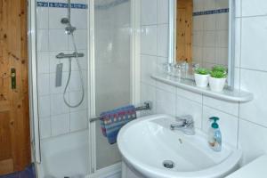 un bagno bianco con lavandino e doccia di Ferienwohnung Sonnenberg, 25502 a Weener Altre 11 foto