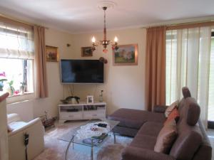 a living room with a couch and a flat screen tv at Vadvirág Apartman in Csopak
