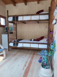 מיטה או מיטות קומותיים בחדר ב-Bonita cabaña de los arboles en La Rioja , Durmiendo entre arboles
