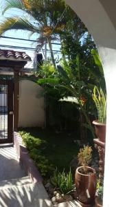 Hotel el super 8 في سانتا كروز دي لا سيرا: حديقة فيها نباتات في ساحة بها مبنى