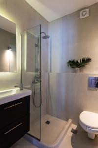 a bathroom with a shower and a toilet and a sink at Aegean View Apartments Mykonos in Agios Ioannis Mykonos