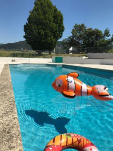 una piscina con due animali gonfiabili in acqua di Auberge de la Paillère a Lavours