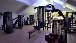 een fitnessruimte met een stel loopbanden en machines bij Hotel Eifelsteig in Roetgen