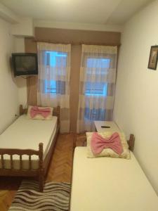 Habitación con 2 camas, TV y 2 ventanas. en Apartment-Studio Downtown Dudanovi Ohrid en Ohrid