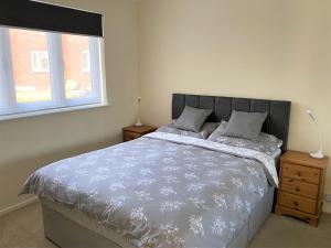 a bedroom with a bed and two windows at Luxury Suntrap in Private Complex St Leonards in Hastings