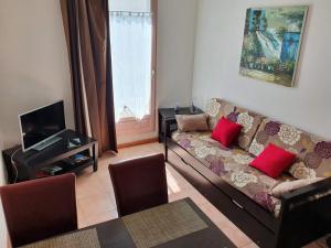- un salon avec un canapé et une télévision dans l'établissement Joli appartement T2 dans résidence avec piscine, hammam et parking gratuits, à Carcassonne