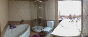a bathroom with a tub shower and a toilet and a sink at House Fox in Iraklitsa +9 photos