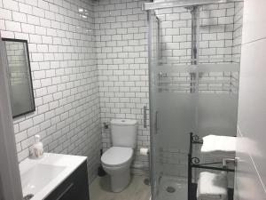 La salle de bains est pourvue de toilettes, d'un lavabo et d'une douche. dans l'établissement Castro Sun And Beach, à Castro Urdiales