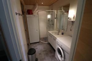 uma pequena casa de banho com um lavatório e uma máquina de lavar roupa em Apartment Ylläs Ski Chalets 7202, Incl 2 lift tickets in winter season em Ylläsjärvi