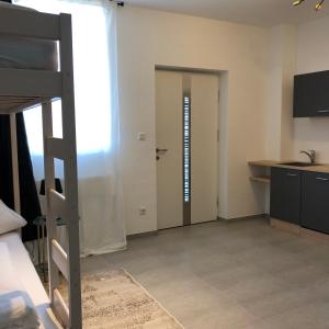 ニュルンベルクにあるbusiness & fitter Apartmentの二段ベッド、キッチン、ドアが備わる客室です。