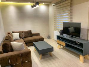 sala de estar con sofá y TV de pantalla plana en Petite Luxury Urban House, en Tríkala