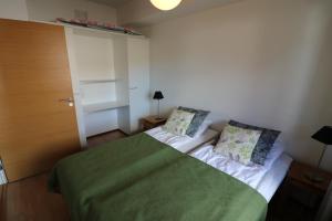 um quarto com uma cama com um cobertor verde e almofadas em Apartment Ylläs Ski Chalets 8106, 2 Hissilippua talvella em Ylläsjärvi