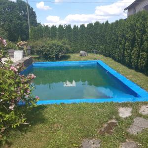 a blue swimming pool in the yard of a house at viesu nams "Laimes pakavs" in Straupe