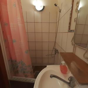 a bathroom with a toilet and a sink and a mirror at viesu nams "Laimes pakavs" in Straupe