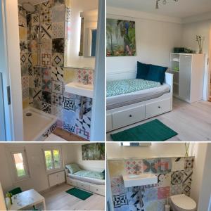 een collage van vier foto's van een kleine badkamer bij Greenhome in Weil am Rhein