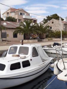 a white boat is docked in the water at Apartmani Goga 2 in Molat