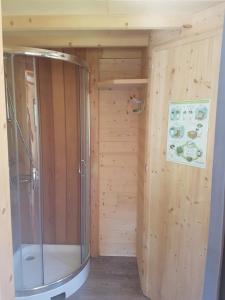 La salle de bains est pourvue d'une douche et d'un mur en bois. dans l'établissement Insolite Tiny House Sérénité Bien Être, à Ban-sur-Meurthe-Clefcy