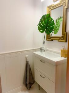 a bathroom with a sink and a mirror and a plant at Apartament Grunwaldzka in Sopot