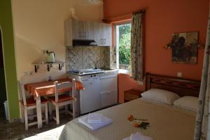 a small kitchen with a table and a bed in a room at Stamoulis Apartments in Agia Effimia