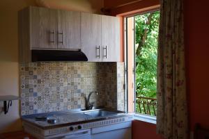 a kitchen with a sink and a window at Stamoulis Apartments in Agia Effimia